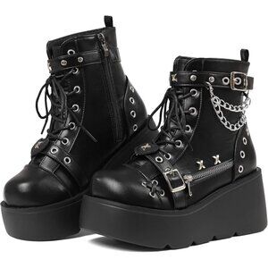 Women Polyurethane A-black Wedge Round Toe Buckle Combat Leather Platform Boots
